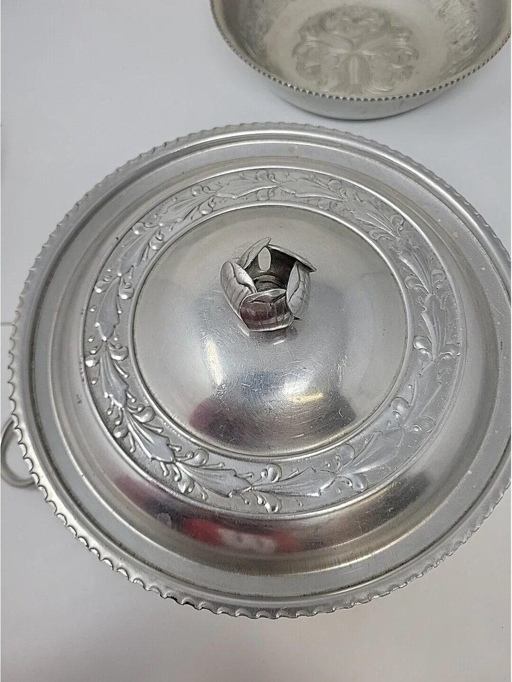 Vintage Aluminum Cookware Lot, Embossed Serving Bowl, Lidded Pot & Angel Food